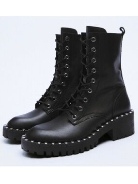 ZARA Studded Black Leather Low Heel Lace Up Zip Combat Boots 10 NEW NWT
